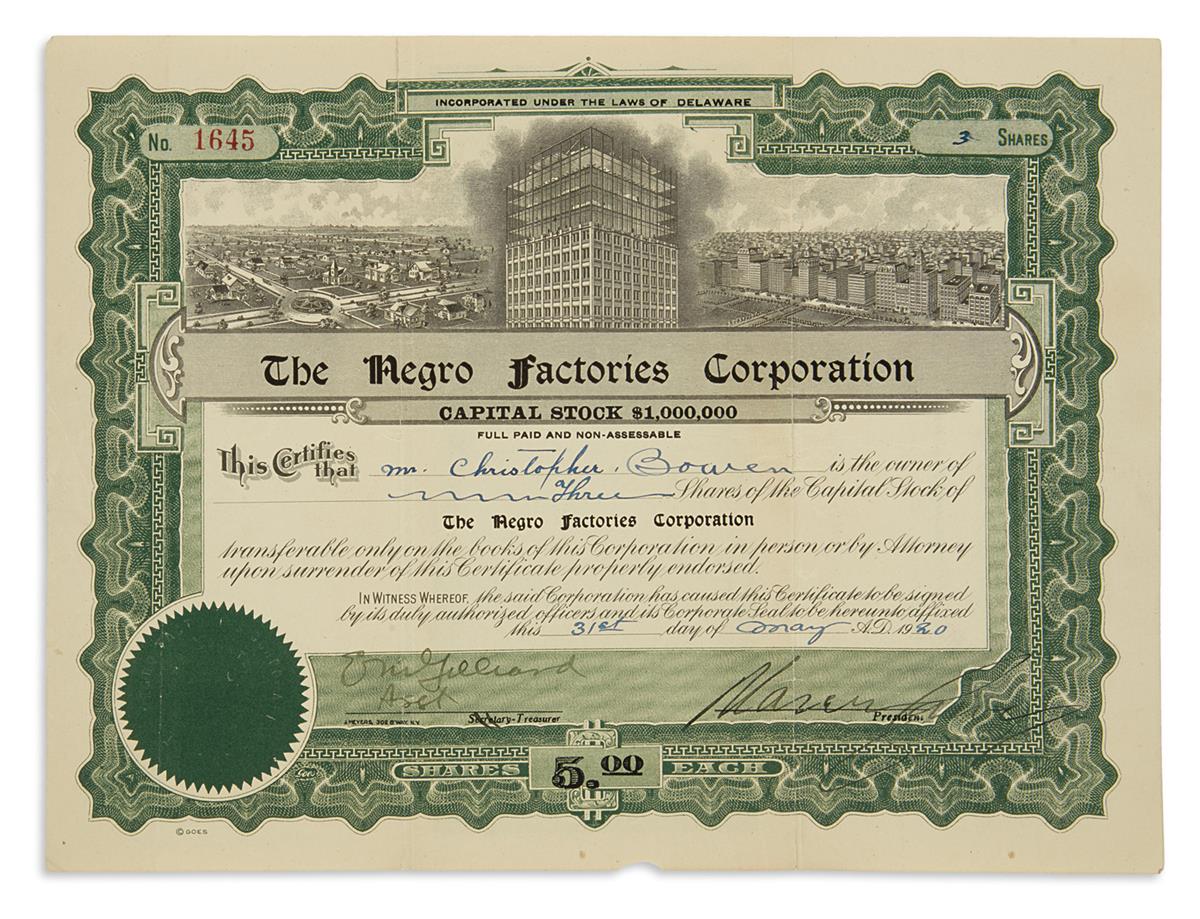 GARVEY, MARCUS. Partly-printed Document Signed, as President of the Negro Factories Corporation,